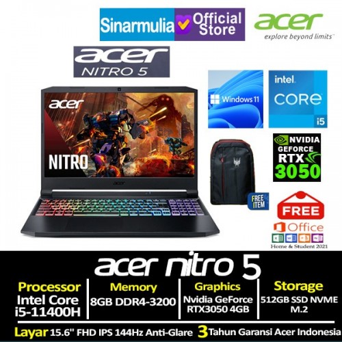 ACER NITRO AN515-57 i5-11400H RTX3050 512GB SSD 8GB Windows11 + OHS