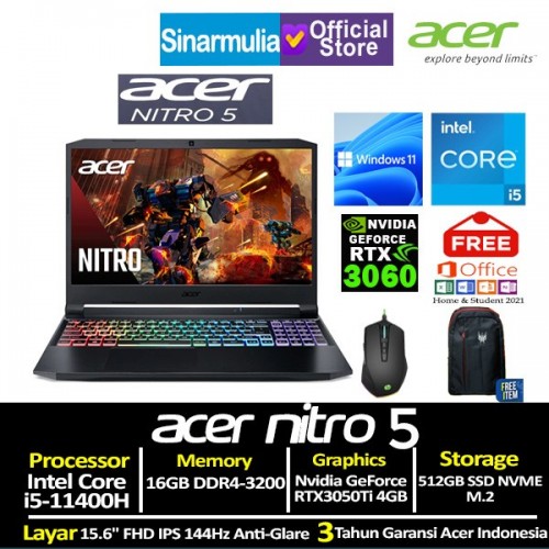 ACER NITRO AN515-57 i5-11400H RTX3050Ti 512GB SSD 16GB Windows11 + OHS