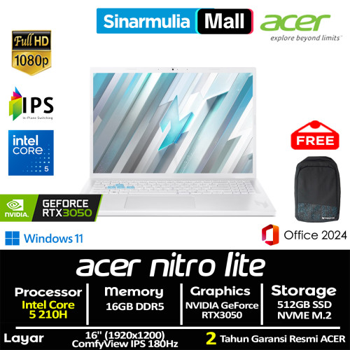 ACER Nitro Lite NL16-71G Core 5 210H RTX3050 512GB SSD 16GB FHD IPS 180Hz Win11+OHS