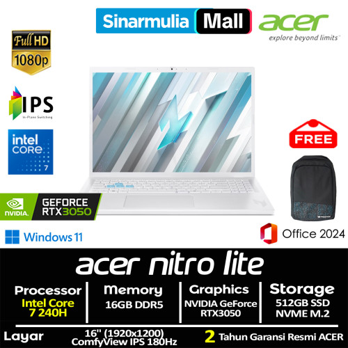 ACER Nitro Lite NL16-71G Core 7 240H RTX3050 512GB SSD 16GB FHD IPS 180Hz Win11+OHS7