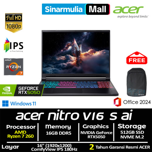ACER Nitro V16S AI ANV16S-41 Ryzen 7 260 RTX5050 512GB SSD 16GB FHD IPS 180Hz Win11+OHS ACER Nitro V16S AI ANV16S-41 Ryzen 7 260 RTX5050 512GB SSD 16GB FHD IPS 180Hz Win11+OHS