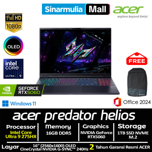 ACER Predator Helios Neo 16S AI PHN16S-71 Ultra 9 275HX RTX5060 1TB SSD 16GB OLED 2K 240Hz Win11+OHS4