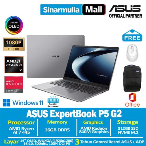 ASUS ExpertBook P5 G2 PM5406CGA Ryzen AI 7 445 512GB SSD 16GB OLED WUXGA 100%sRGB Win11+OHS
