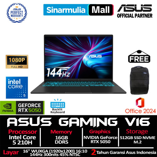 ASUS Gaming V16 V3607VH Core 5 210H RTX5050 512GB SSD 16GB WUXGA 144Hz Win11+OHS