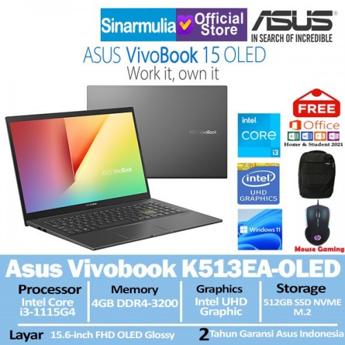 Asus K513EA-OLED i3-1115G4 512GB SSD 4GB 15,6 Inch Windows11 + OHS