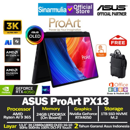 ASUS ProArt PX13 HN7306WU Ryzen AI 9 365 RTX4050 1TB SSD 24GB 3K OLED Touch Win11+OHS1 ASUS ProArt PX13 HN7306WU Ryzen AI 9 365 RTX4050 1TB SSD 24GB 3K OLED Touch Win11+OHS1