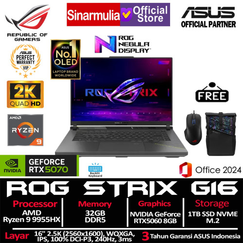 ASUS ROG Strix G16 G614FM Ryzen 9 9955HX RTX5060 1TB SSD 32GB 2.5K WQXGA 100%sRGB 240Hz 3ms Win11+OHS3