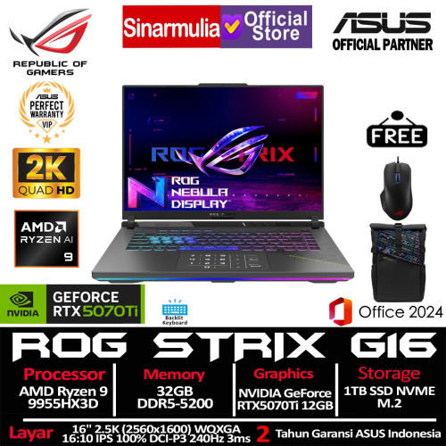 ASUS ROG Strix G16 G614FR Ryzen 9 9955HX3D RTX5070 Ti 1TB SSD 32GB 2.5K IPS 100%sRGB 240Hz 3ms Win11+OHS