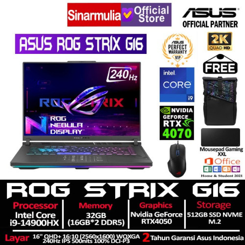 ASUS ROG Strix G16 G614JIR i9-14900HX RTX4070 1TB SSD 32GBG 240Hz QHD+ Win11+OHS1
