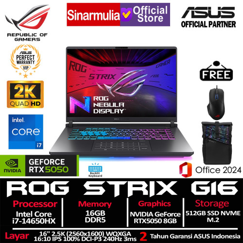 ASUS ROG Strix G16 G615JHR i7-14650HX RTX5050 512GB SSD 16GB 2.5K WQXGA 100%sRGB 240Hz 3ms Win11+OHS6