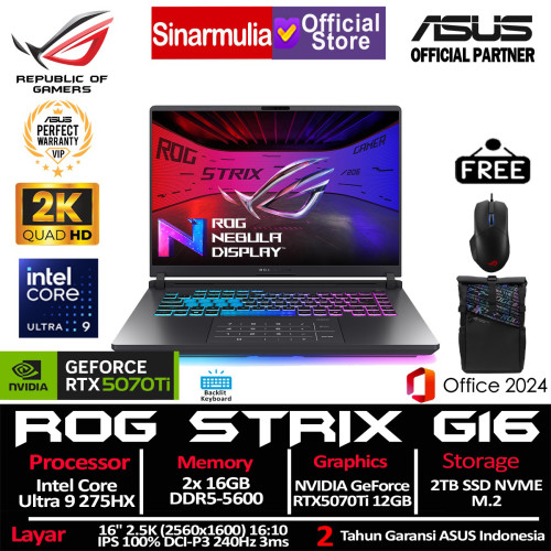 ASUS ROG Strix G16 G615LR Ultra 9 275HX RTX5070 Ti 2TB SSD 32GB WQXGA 2.5K IPS 100%sRGB 240Hz Win11+OHS