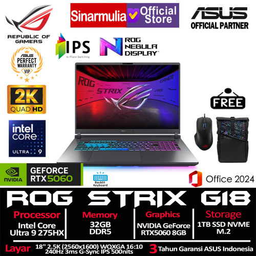 ASUS ROG Strix G18 G815LM Ultra 9 275HX RTX5060 1TB SSD 32GB 2.5K WQXGA 100%sRGB 240Hz 3ms Win11+OHS