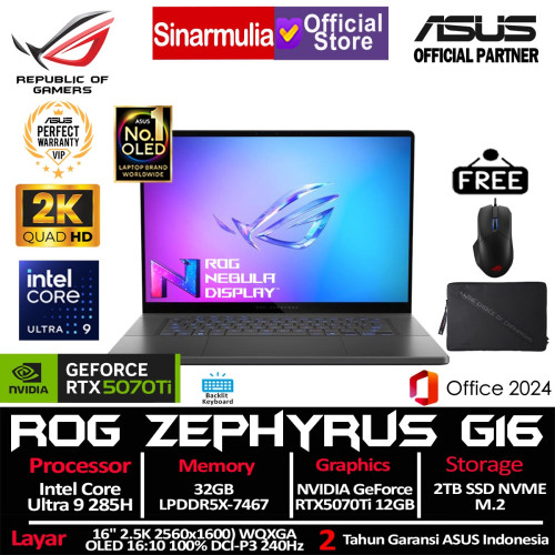 ASUS ROG Zephyrus G16 GU605CR Ultra 9 285H RTX5070 Ti 2TB SSD 32GB WQXGA 2.5K OLED 100%sRGB 240Hz Win11+OHS