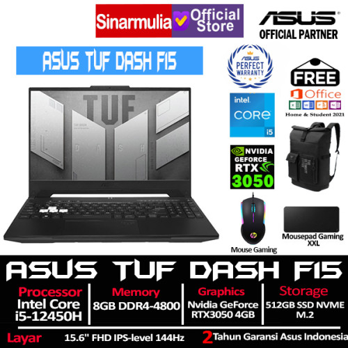 Asus TUF Dash F15 FX517ZC i5-12450H RTX3050 512GB SSD 8GB Win11+OHS