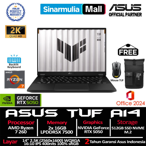 ASUS TUF Gaming A14 FA401UH Ryzen 7 260 RTX5050 512GB SSD 32GB 2.5K WQXGA IPS 100%sRGB Win11+OHS7