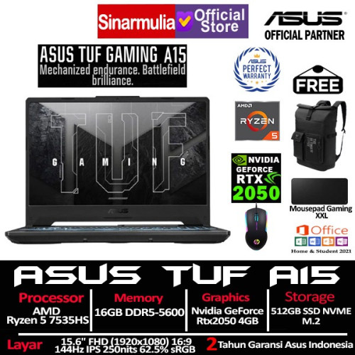 ASUS TUF Gaming A15 FA506NF Ryzen 5 7535HS RTX2050 512GB SSD 16GB W111