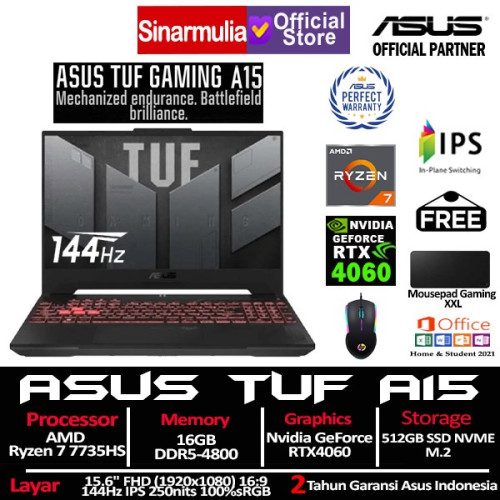 ASUS TUF Gaming A15 FA507NV Ryzen 7 7735HS RTX4060 512GB SSD 16GB 144Hz 100%sRGB Win11+OHS