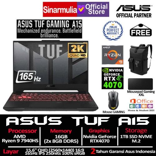 ASUS TUF Gaming A15 FA507XI Ryzen 9 7940HS RTX4070 1TB SSD 16GB 165Hz 100%sRGB Win11+OHS1