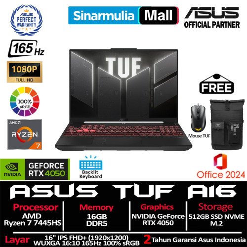 ASUS TUF Gaming A16 FA607NUG Ryzen 7 7445HS 512GB SSD 16GB IPS 165Hz 100%sRGB Win11+OHS