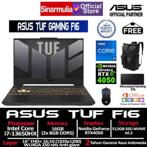 ASUS TUF Gaming F16 FX607JU i7-13650HX RTX4050 512GB SSD 16GB FHD+ Win11+OHS