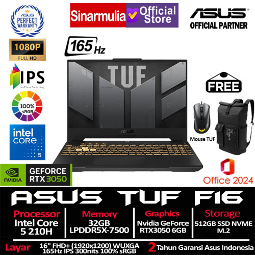 ASUS TUF Gaming F16 FX607VJ Core 5 210H RTX3050 512GB 16GB WUXGA FHD+ IPS 165Hz 100% sRGB Win11+OHS