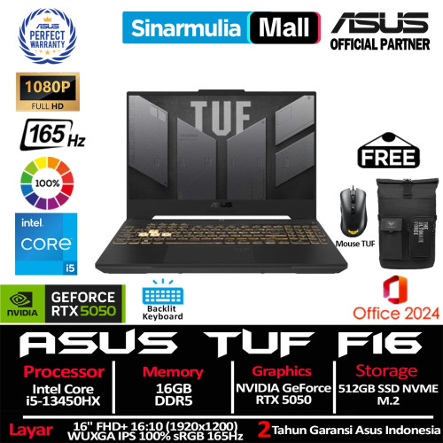 ASUS TUF Gaming F16 FX608JH i5-13450HX RTX5050 512GB SSD 16GB IPS 100%sRGB 165Hz Win11+OHS