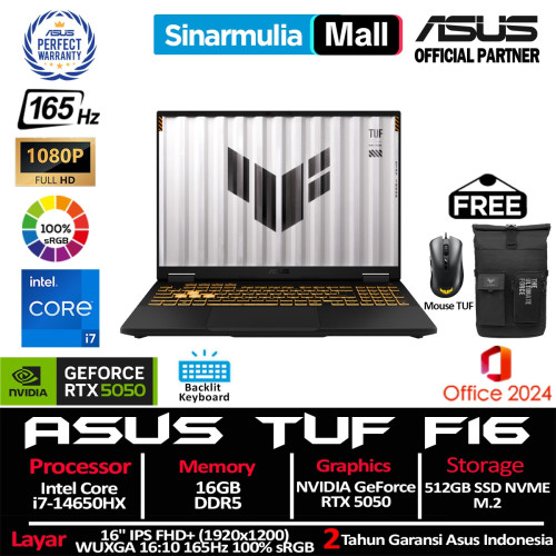 ASUS TUF Gaming F16 FX608JHR i7-14650HX 512GB SSD 16GB WUXGA IPS 100%sRGB 165Hz Win11+OHS