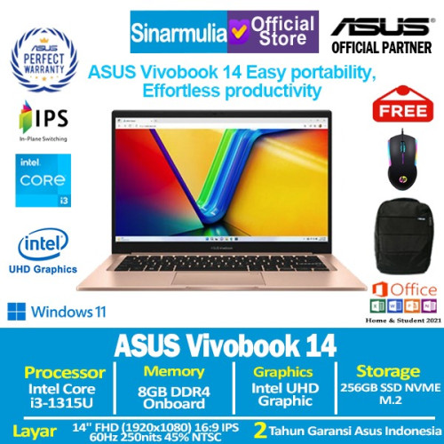 ASUS Vivobook 14 A1404VA i3-1315U 256GB SSD 8GB IPS Win11+OHS1