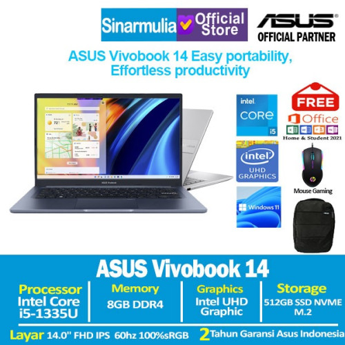 ASUS VivoBook 14 A1404VA i5-1335U 512GB SSD 8GB 100%sRGB Win11+OHS