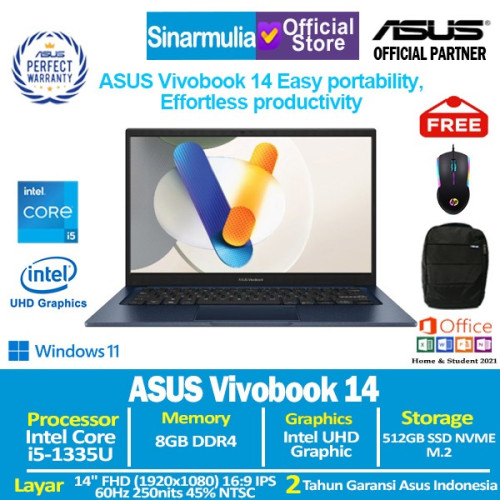 ASUS Vivobook 14 A1404VA i5-1335U 512GB SSD 8GB IPS Win11+OHS1