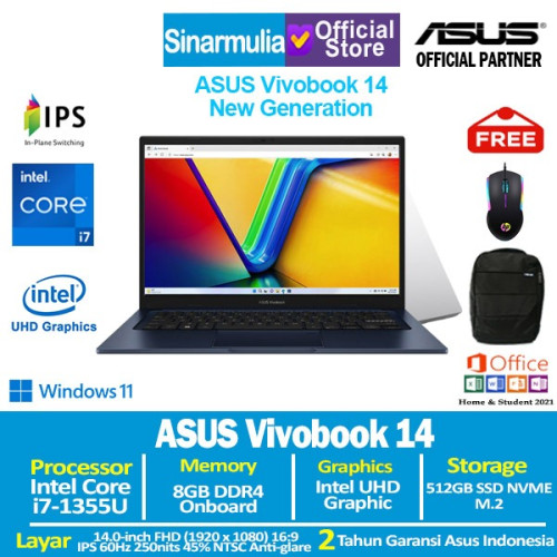 ASUS Vivobook 14 A1404VA i7-1355U 512GB SSD 8GB FHD IPS Win11+OHS1
