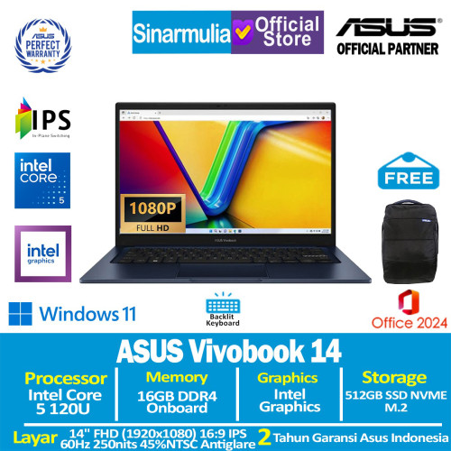 ASUS Vivobook 14 A1404VAP Core 5 120U 512GB SSD 16GB IPS Win11+OHS