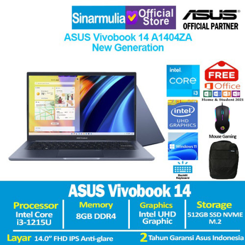ASUS Vivobook 14 A1404ZA i3-1215U 512GB SSD 8GB IPS 100%sRGB Win11+OHS1