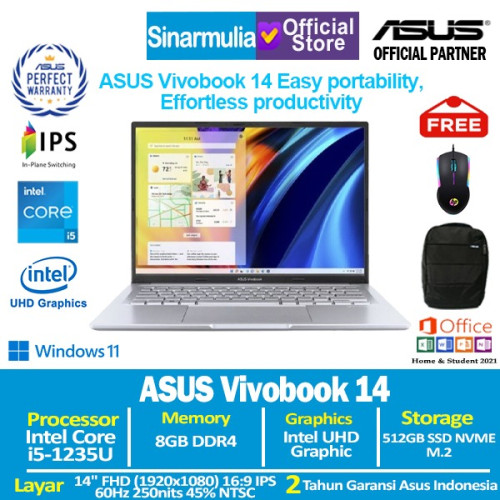ASUS Vivobook 14 A1404ZA i5-1235U 512GB SSD 8GB IPS Win11+OHS1