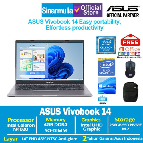 ASUS VivoBook 14 A416MAO Celeron N4020 256GB SSD 4GB Win11+OHS1