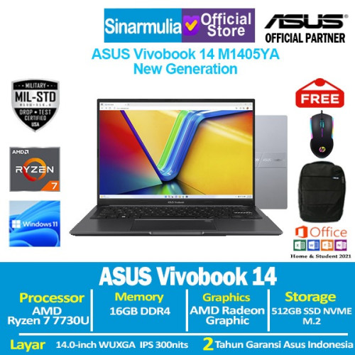 ASUS Vivobook 14 M1405YA Ryzen 7 7730U 512GB SSD 16GB IPS Win11+OHS1