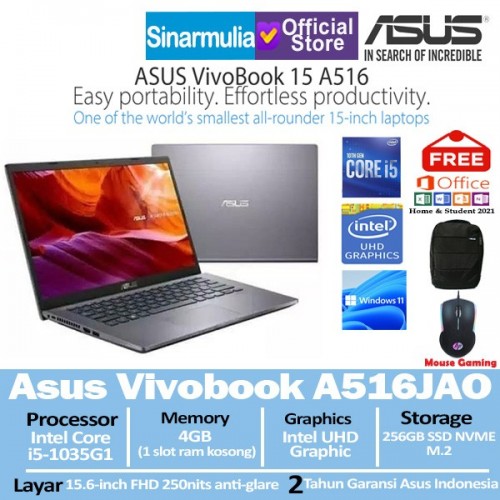 ASUS VivoBook 15 A516JAO i5-1035G1 256GB SSD 4GB Windows11 + OHS