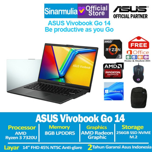 ASUS Vivobook Go 14 E1404FA Ryzen 3 7320U 256GB SSD 8GB Win11+OHS1