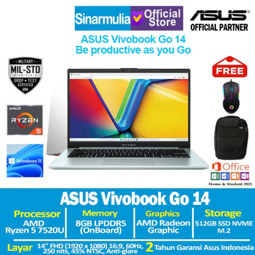 Asus Vivobook Go 14 E1404FA Ryzen 5 7520U 512GB SSD 8GB FHD Win11+OHS