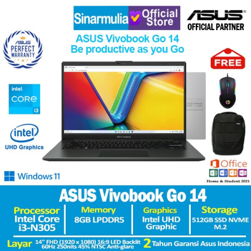 ASUS Vivobook Go 14 E1404GA i3-N305 512GB SSD 8GB 14 FHD Win11+OHS1