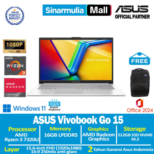 ASUS Vivobook Go 15 E1504FA Ryzen 5 7520U 512GB SSD 16GB FHD IPS Win11+OHS