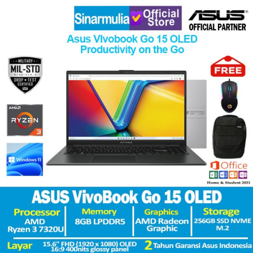 Asus Vivobook Go 15 OLED E1504FA Ryzen 3 7320U 256GB SSD 8GB Win11+OHS