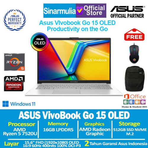ASUS Vivobook Go 15 OLED E1504FA Ryzen 5 7520U 512GB SSD 16GB Win11