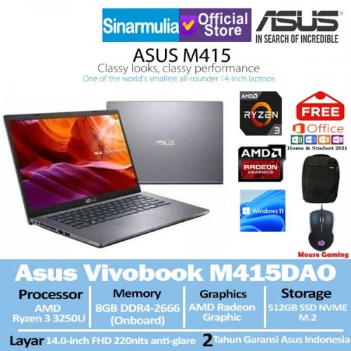 Asus Vivobook M415DAO Ryzen 3-3250U 512GB SSD 8GB Windows11 + OHS