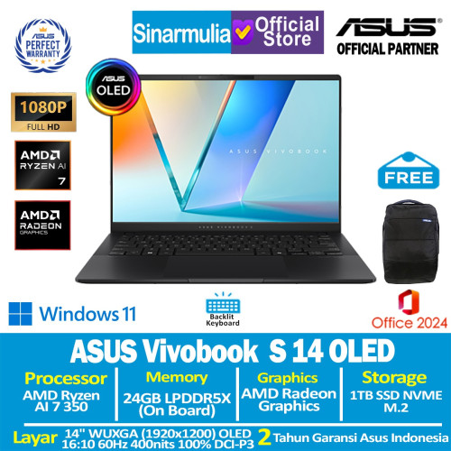 ASUS Vivobook S 14 OLED Ryzen AI 7 350 1TB SSD 24GB WUXGA 100%sRGB Win11+OHS1 ASUS Vivobook S 14 OLED Ryzen AI 7 350 1TB SSD 24GB WUXGA 100%sRGB Win11+OHS1