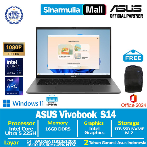 ASUS Vivobook S14 S3407CA Ultra 5 225H 1TB SSD 16GB WUXGA IPS Win11+OHS