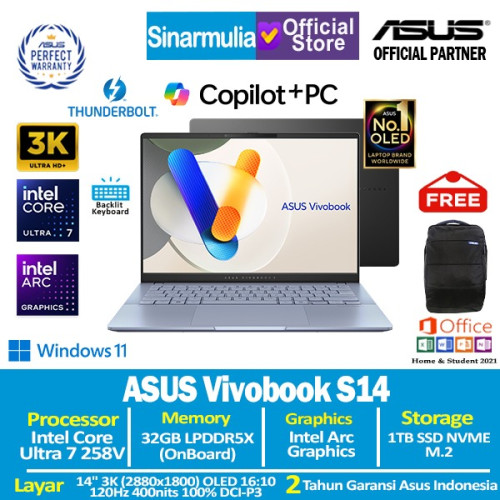 ASUS Vivobook S14 S5406SA Ultra 7 258V 1TB SSD 32GB OLED 3K 120Hz Win11+OHS ASUS Vivobook S14 S5406SA Ultra 7 258V 1TB SSD 32GB OLED 3K 120Hz Win11+OHS