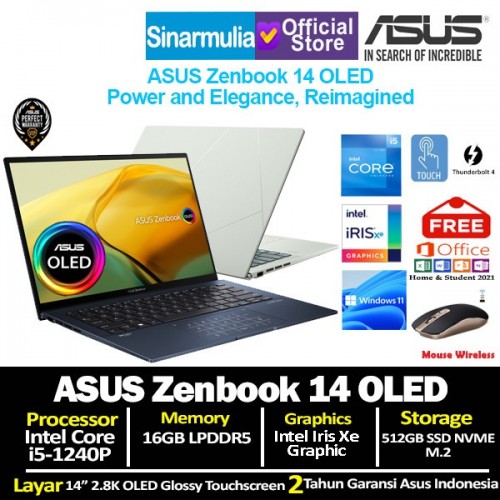 ASUS Zenbook 14 OLED i5-1240P 512GB SSD 16GB Iris Xe 14 2.8K Windows11 + OHS