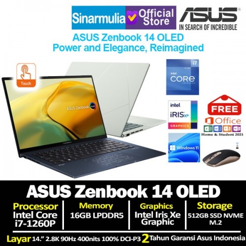 ASUS Zenbook 14 OLED UX3402ZA i7-1260P 512GB SSD 16GB Iris Xe 14 2.8K Windows11 + OHS1