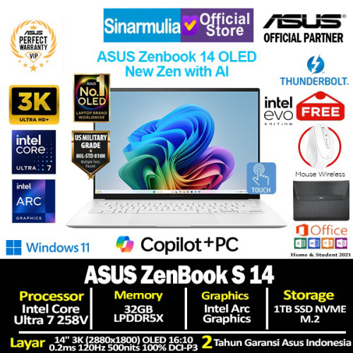 ASUS Zenbook S14 Intel Ultra 7 258V 1TB SSD 32GB 3K OLED 120Hz Touch Win11+OHS1 ASUS Zenbook S14 Intel Ultra 7 258V 1TB SSD 32GB 3K OLED 120Hz Touch Win11+OHS1
